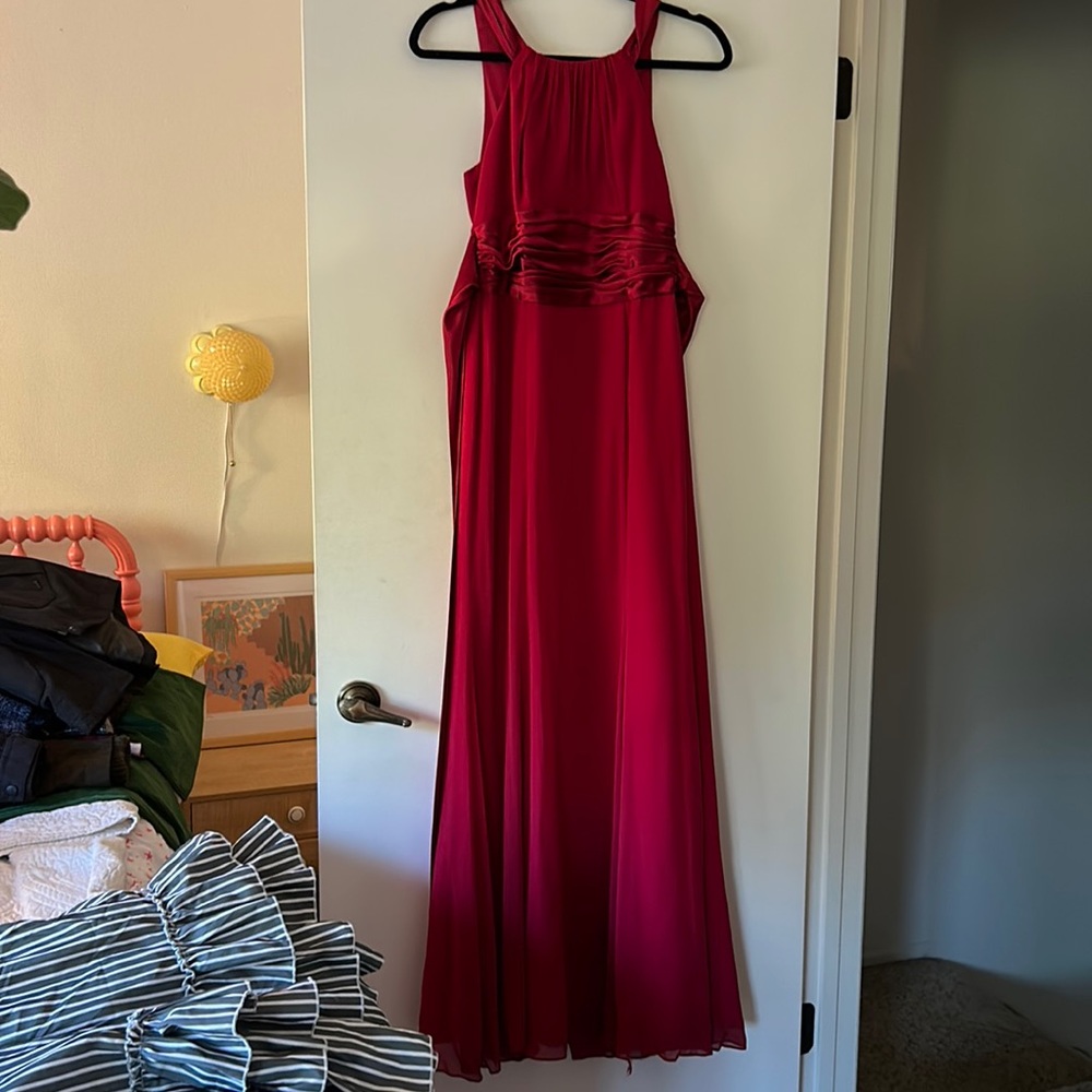 David’s bridal red floor length gown